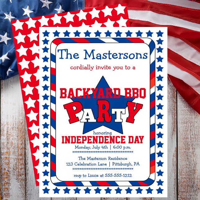 Invitation Étoiles et rayures festives Patriotique Juillet 4  (Festive Stars and Stripes Patriotic July 4th BBQ Invitation - Print | Digital Download)