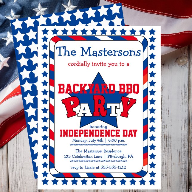 Invitation Étoiles et rayures festives Patriotique Juillet 4  (Festive Stars and Stripes Patriotic July 4th BBQ Invitation - Print | Digital Download)