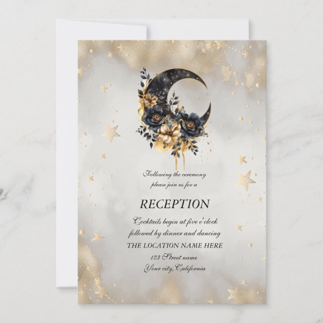 Invitation Étoiles Fleurs Lune Or Céleste (Devant)