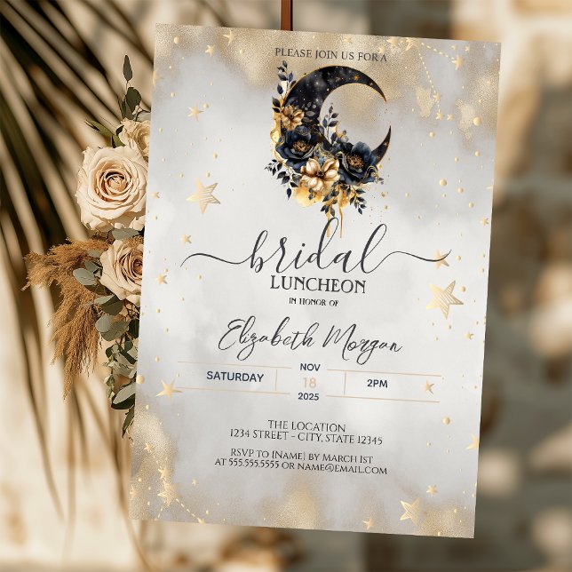 Invitation Étoiles Florales de Lune de Mariage Céleste Doré (Créateur téléchargé)