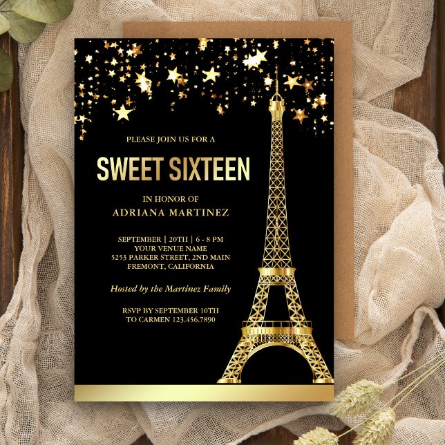 Invitation Etoiles Gold Foil Tour Eiffel Sweet sixteen noir (Créateur téléchargé)
