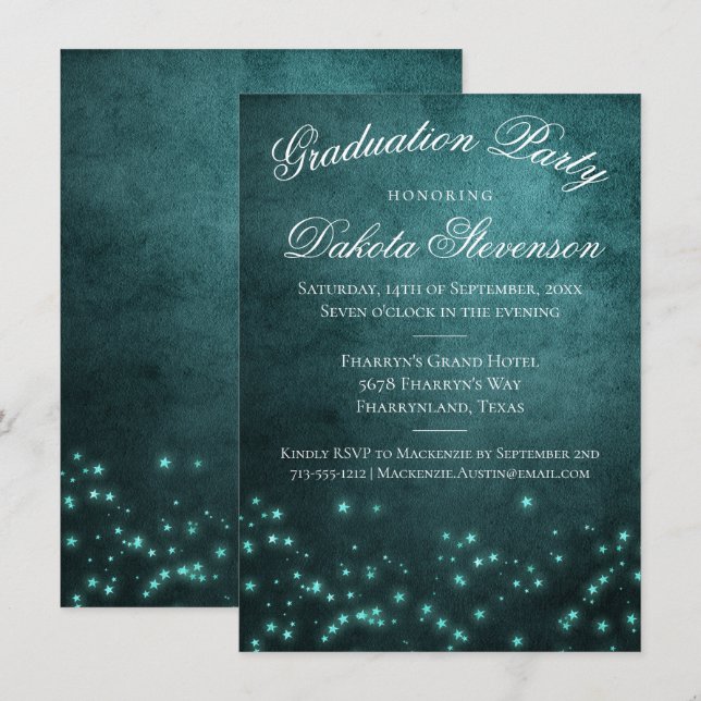 Invitation Étoiles Mystic Twilight | Graduation Turquoise pro (Devant / Derrière)