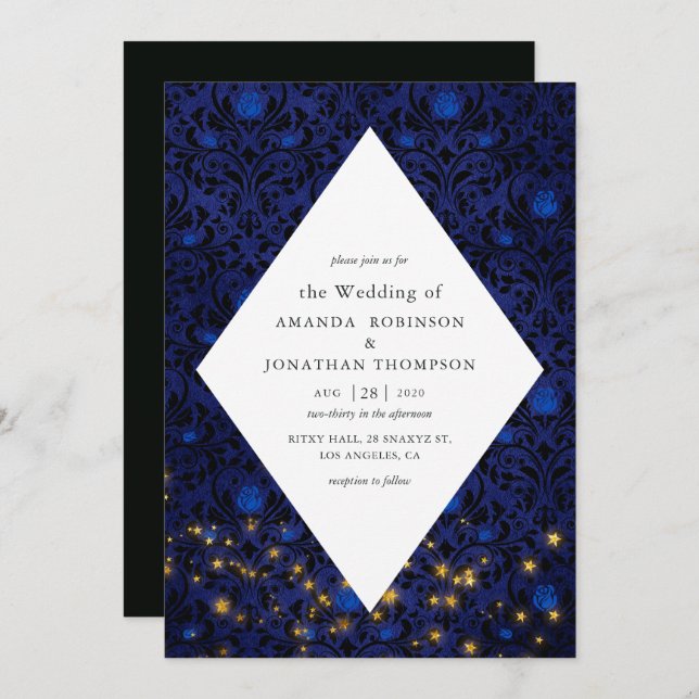 Invitation Étoiles mystiques Floral Mariage damassé (Devant / Derrière)