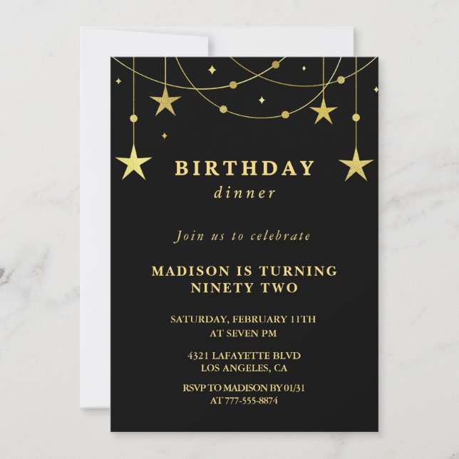 Invitation Étoiles noires chic or dinner 92e anniversaire (Devant)