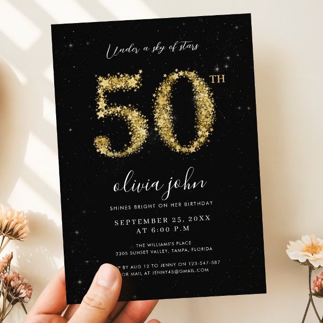 Invitation Étoiles Noires et Dorées Brillent Fête d'anniversa (Créateur téléchargé)