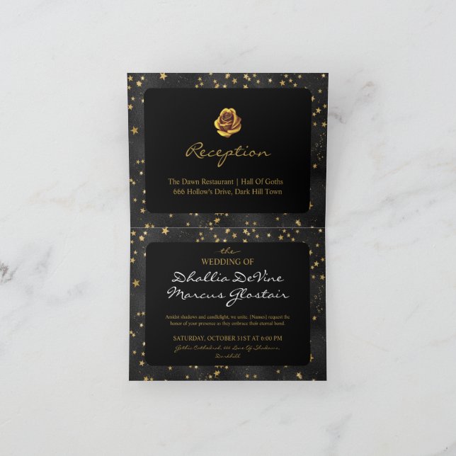 Invitation Étoiles noires et dorées motif gothique  (Intérieur)