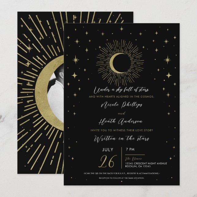 Invitation Étoiles noires et dorées Soleil céleste Explosion  (Devant / Derrière)