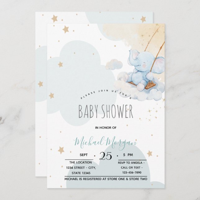 Invitation Etoiles Nuages Bleu Teddy Baby shower Ours (Devant / Derrière)