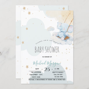 Invitation Etoiles Nuages Bleu Teddy Baby shower Ours