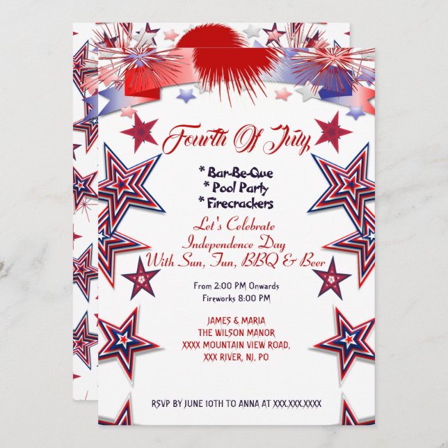 Invitation Étoiles patriotiques 4e juillet Firecrackers BBQ P (Devant / Derrière)