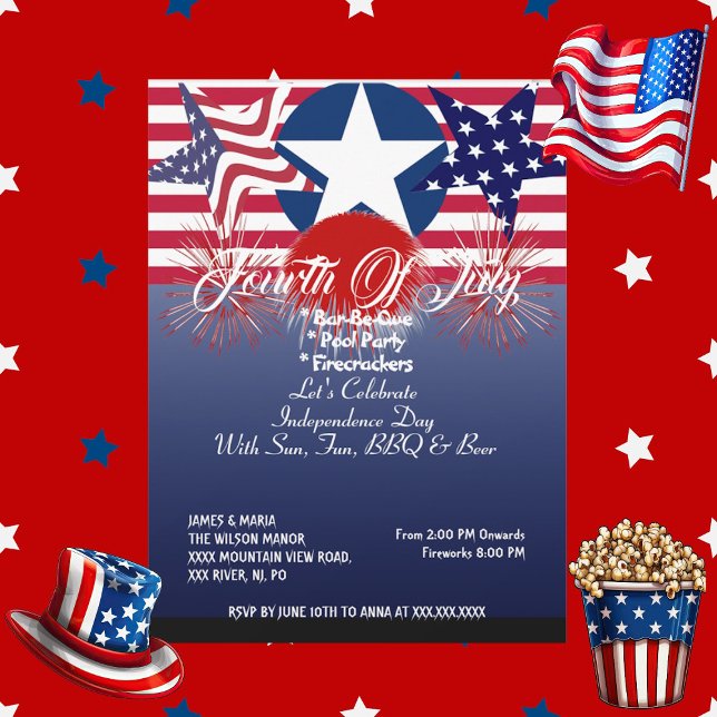 Invitation Étoiles patriotiques 4e juillet Fraprackers BBQ Pa (Patriotic Stars 4th July Firecrackers BBQ Party Invitation)