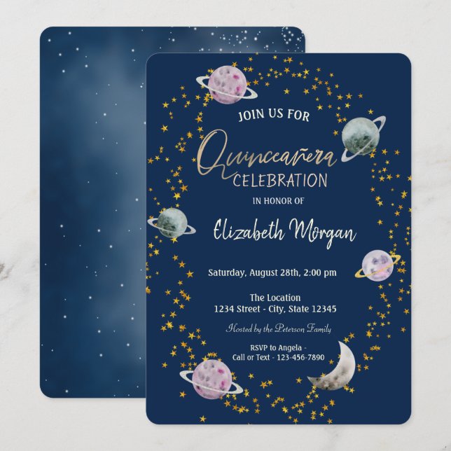 Invitation Étoiles Planètes Galaxie Bleu Quinze ans (Devant / Derrière)