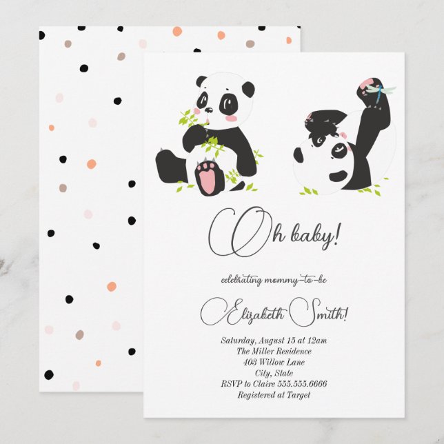 Invitation Étoiles, points, mignons pandas, baby shower (Devant / Derrière)