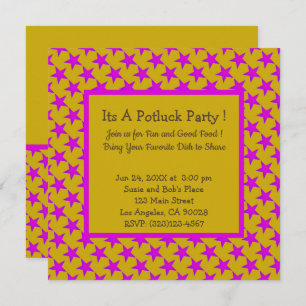 Invitation Étoiles roses sur Motif jaune Potluck