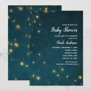 Invitation Étoiles scintillantes dorées Baby Shower Céleste