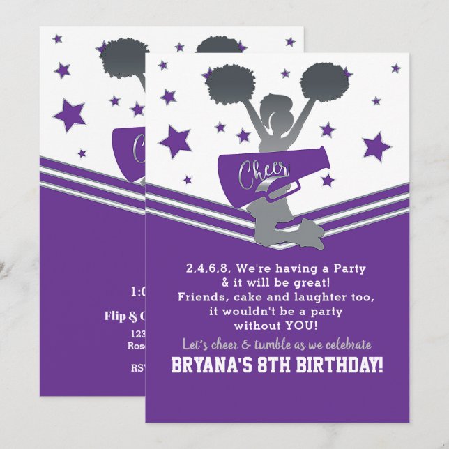 Invitation Étoiles violettes et blanches Cheer Party de cheer (Devant / Derrière)