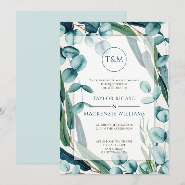 Invitation Étonnant Monogramme moderne Mariage Eucalyptus (Devant / Derrière)