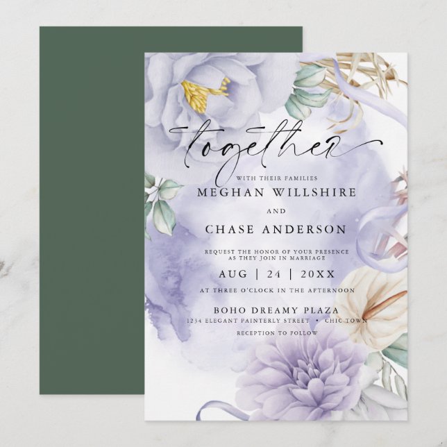 Invitation Etonnante aquarelle Lilac Florale (Devant / Derrière)