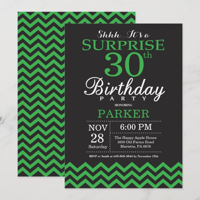 Invitation Étonnez le 30ème Chevron noir et vert (Devant / Derrière)