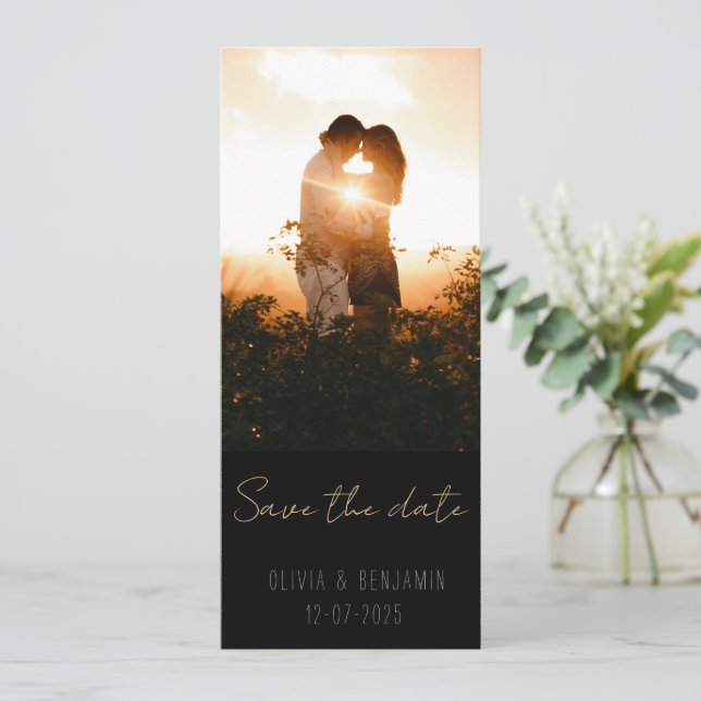 Invitation Étroite minimaliste 2 photo Enregistrer la date (Debout devant)