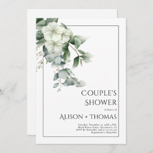 Invitation Eucalyptus à fleurs blanches douche couple