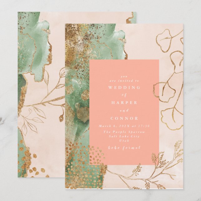 Invitation Eucalyptus Abstrait d'or | Mariage Emerald moderne (Devant / Derrière)