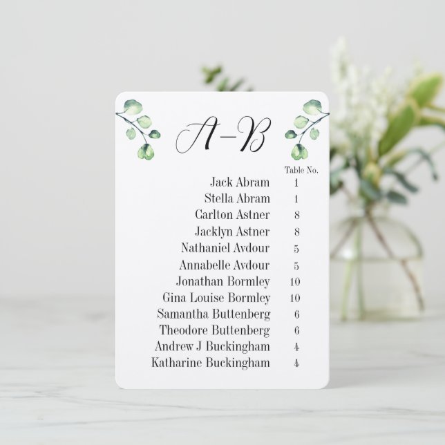 Invitation Eucalyptus Alphabetical 12 Guest Table Chart Cards (Debout devant)