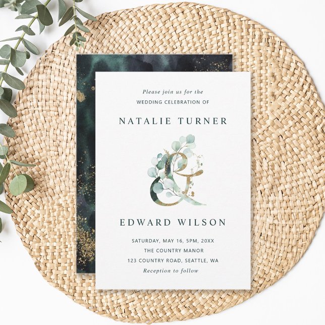 Invitation Eucalyptus Ampersand Gold Green Mariage (Front & Back)