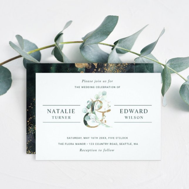 Invitation Eucalyptus Ampersand Gold Green Mariage (Front & Back)
