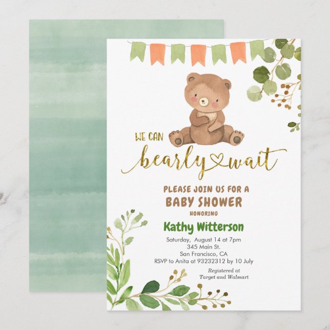 Invitation Eucalyptus and Bear We Can Bearly Wait Baby Shower (Devant / Derrière)