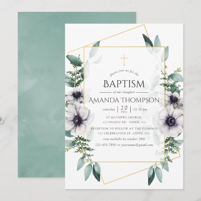 Invitation Eucalyptus Anémone Géométrique Baptême (Devant / Derrière)