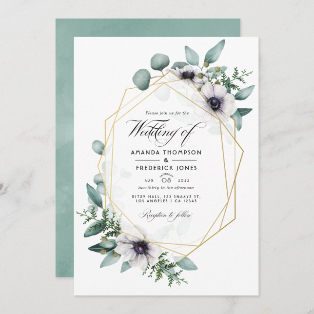 Invitation Eucalyptus Anémonique photo Mariage géométrique (Devant / Derrière)