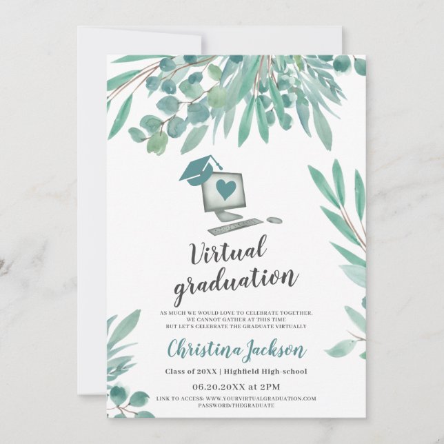 Invitation Eucalyptus aquarelle casquette photo graduation vi (Devant)