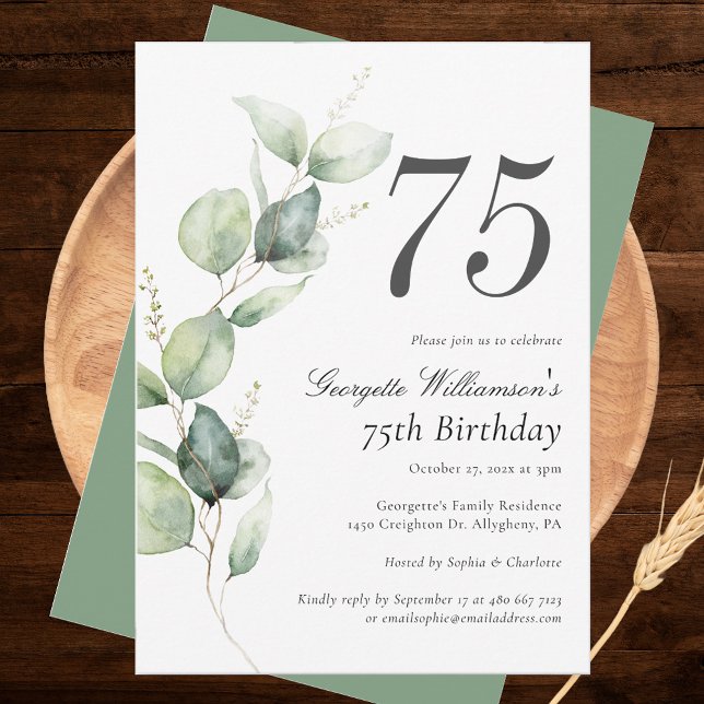 Invitation Eucalyptus Aquarelle Script 75e Anniversaire (Eucalyptus Minimalist 75th Birthday Party Invitation)