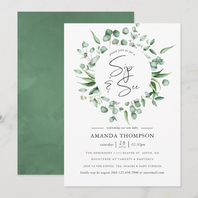 Invitation Eucalyptus aquarelle verdure bébé Sip and See (Devant / Derrière)