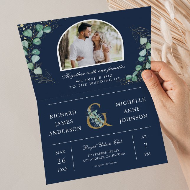 Invitation Eucalyptus Arch Photo Navy Blue QR Code Wedding (Créateur téléchargé)