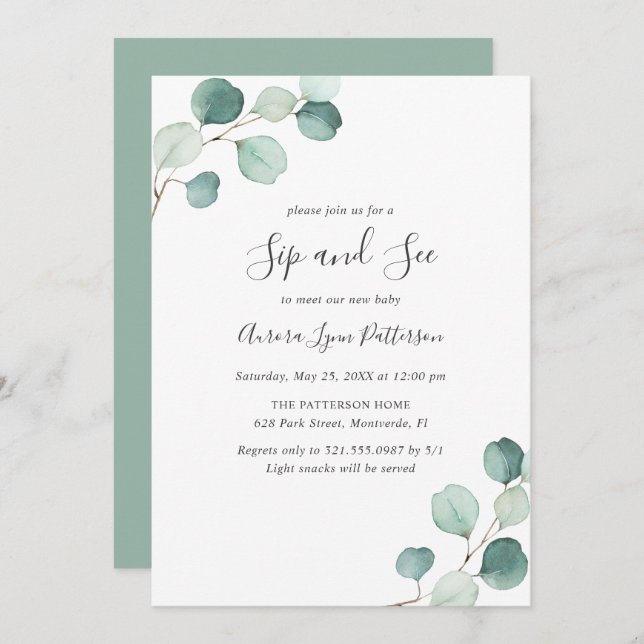 Invitation Eucalyptus Baby Elegant Sip et voir (Devant / Derrière)