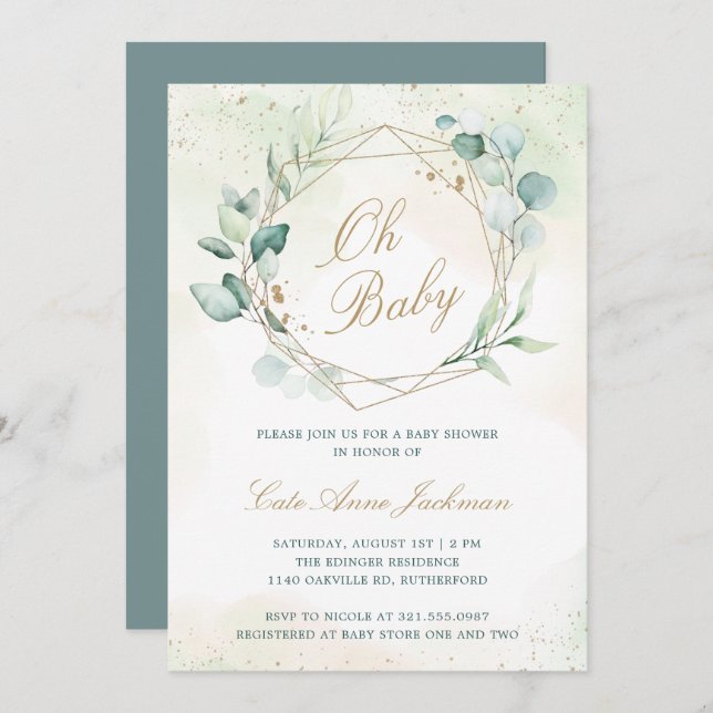 Invitation Eucalyptus Baby shower géométrique neutre genre (Devant / Derrière)
