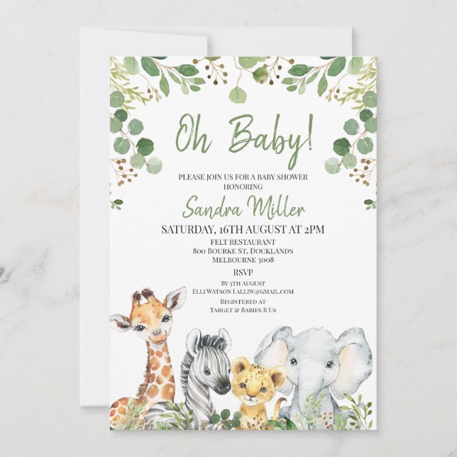 Invitation Eucalyptus Baby shower Safari neutre genre (Devant)