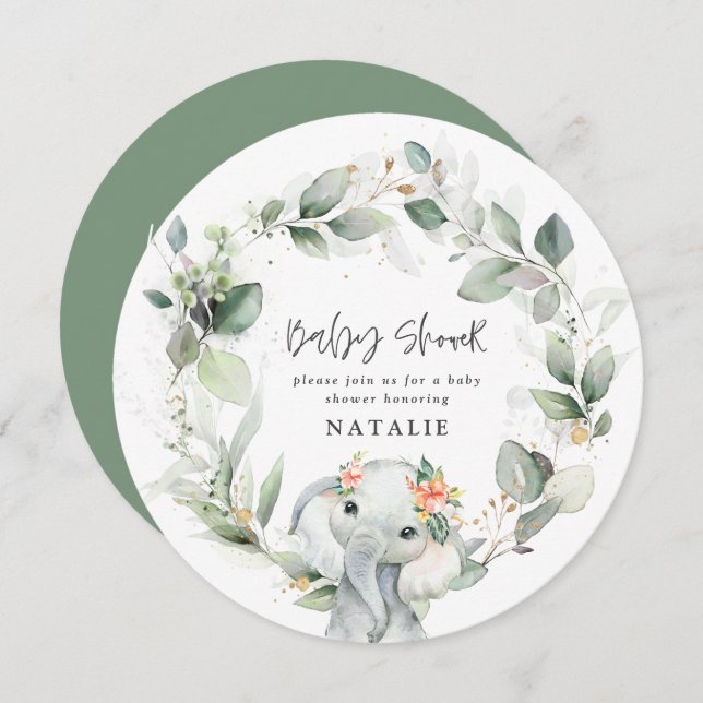 Invitation eucalyptus baby shower vert mignon invitat (Devant / Derrière)