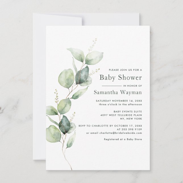 Invitation Eucalyptus Baby shower vert minimaliste (Devant)