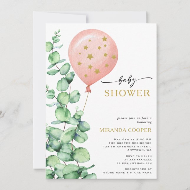 Invitation Eucalyptus Balloon Baby Girl Douche (Devant)