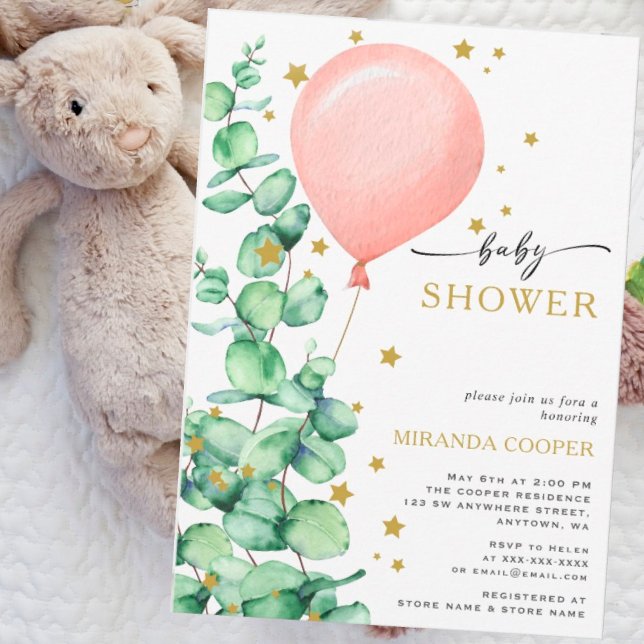 Invitation Eucalyptus Balloon Baby Girl Douche étoiles d'or (Créateur téléchargé)