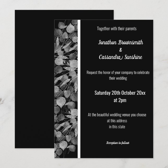 INVITATION EUCALYPTUS BLANC ARGENT NOIR TRIM BLANC (Devant / Derrière)