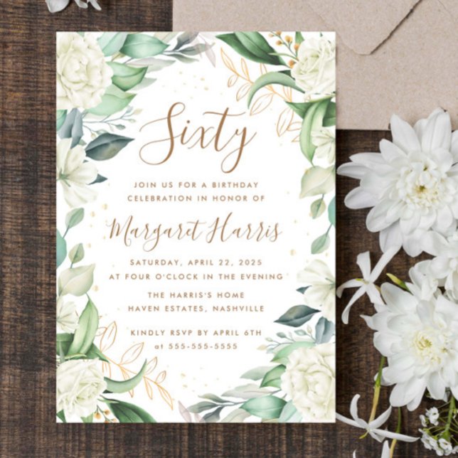 Invitation Eucalyptus Blanc Or Floral 60e Soixante Anniversai (Créateur téléchargé)