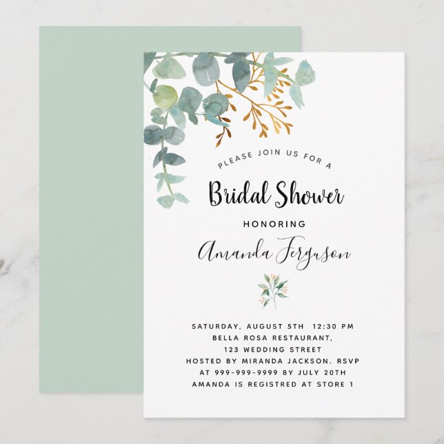 Invitation Eucalyptus blanc or vert vert élégant douche nupti (Devant / Derrière)