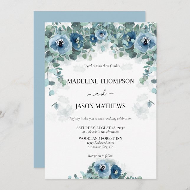 Invitation Eucalyptus bleu Duché Floral 2 Mariage (Devant / Derrière)