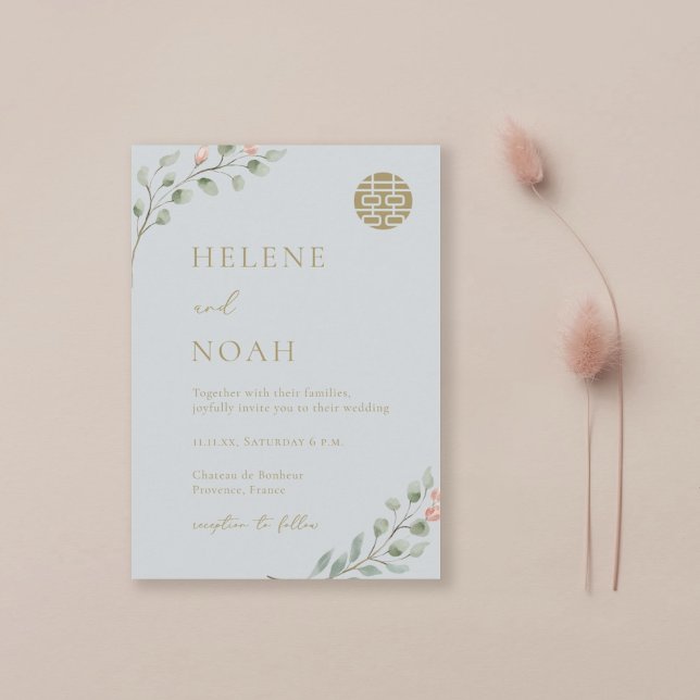 Invitation Eucalyptus Bleu Dusty Élégant Mariage chinois (Créateur téléchargé)