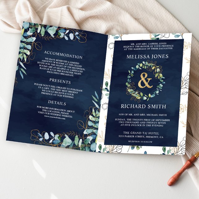 Invitation Eucalyptus Bleu Marine Tout en Un Code QR Mariage (Créateur téléchargé)