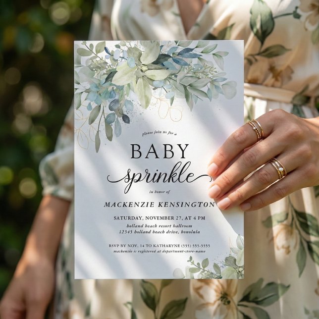Invitation Eucalyptus Bleu Moderne Saupoudrer Bébé (Créateur téléchargé)